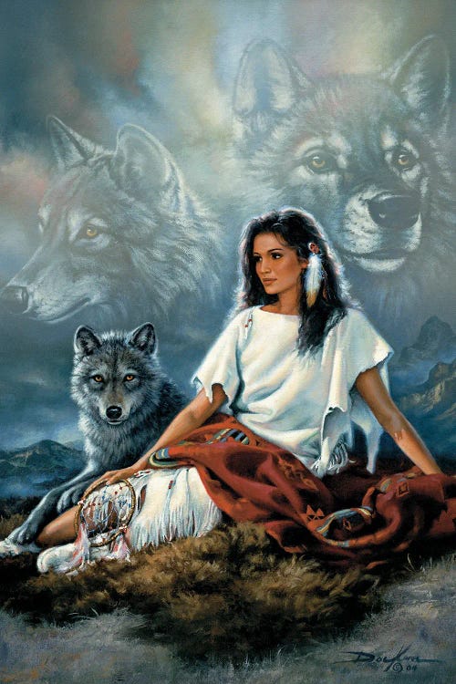 Spirit Seeker Maiden-Native American And Wolves by Russ Docken wall art