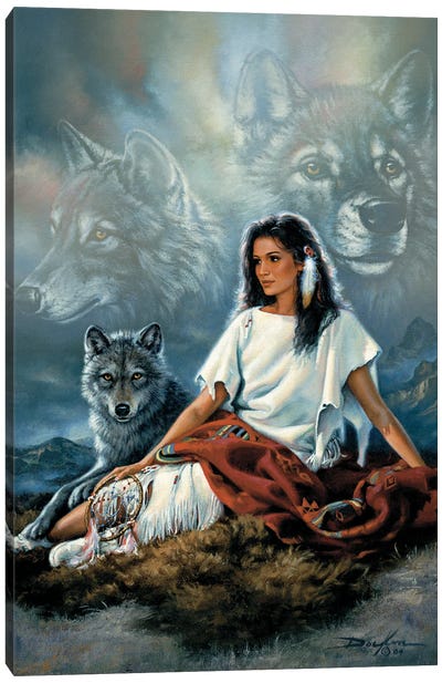 Spirit Seeker Maiden-Native American And Wolves Canvas Art Print - Russ Docken