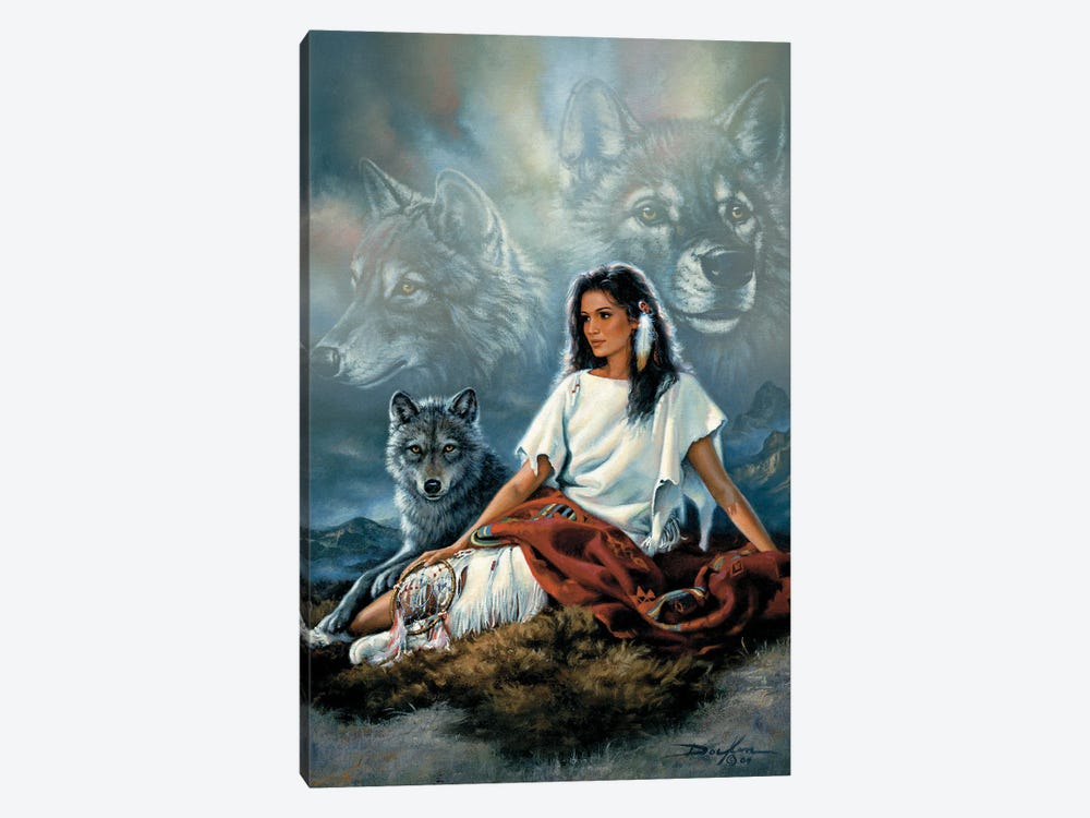 Spirit Seeker Maiden-Native American And Wolves by Russ Docken 1-piece Canvas Wall Art