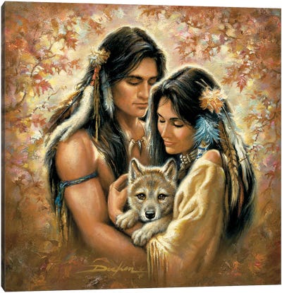 Tender Hearts-Native Americans And Wolf Canvas Art Print - Russ Docken