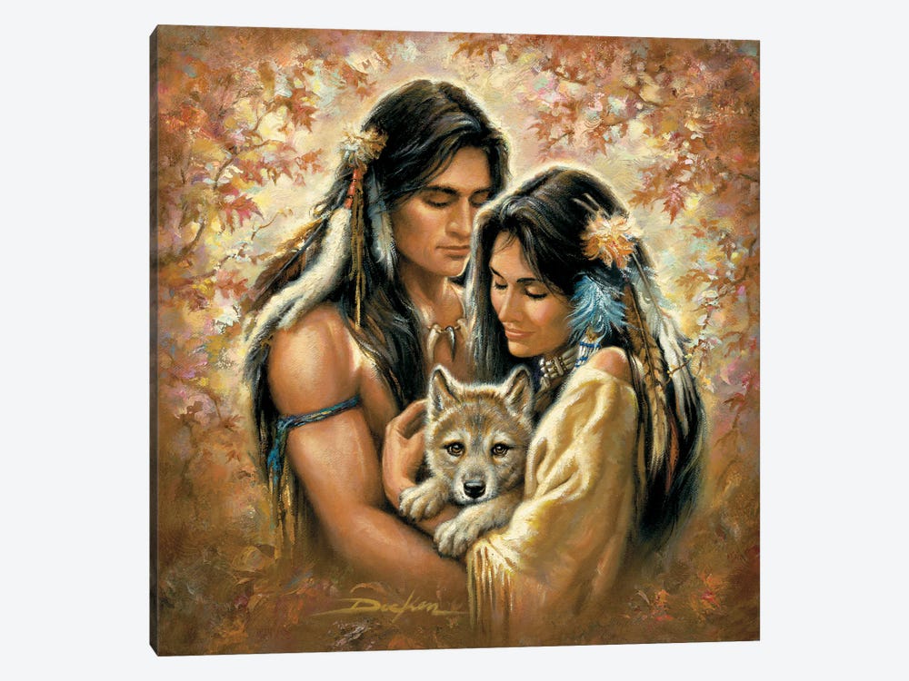 Tender Hearts-Native Americans And Wolf by Russ Docken 1-piece Canvas Print