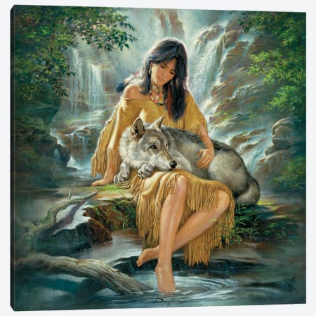 Timeless Bond-Native American Woman And Wolf Canvas Print #RDC29} by Russ Docken Canvas Print