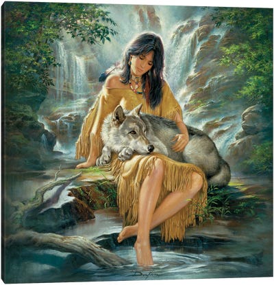 Timeless Bond-Native American Woman And Wolf Canvas Art Print - Native American Décor