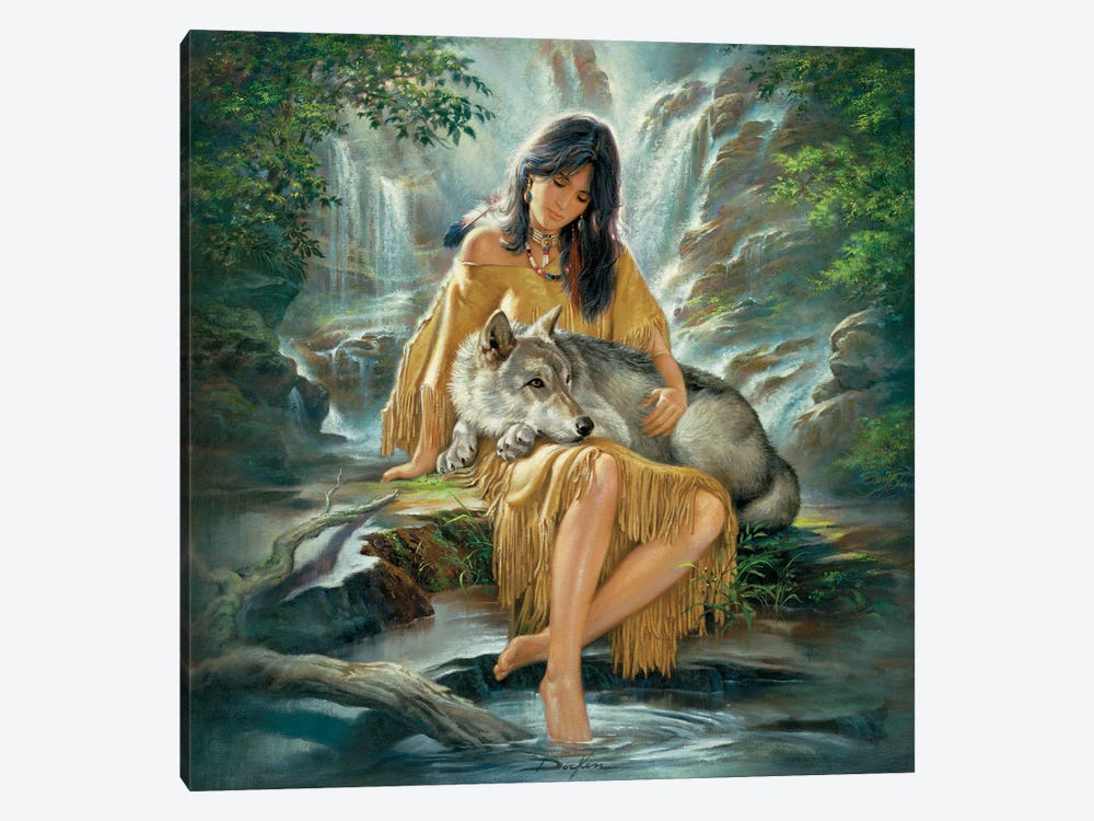 Timeless Bond-Native American Woman And Wolf by Russ Docken 1-piece Canvas Wall Art