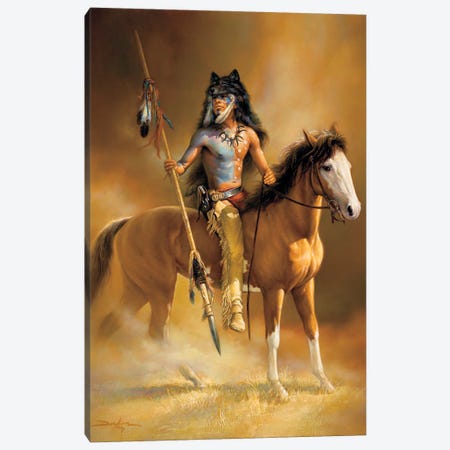 Call Of The Wolf-Native American And Horse Canvas Print #RDC5} by Russ Docken Canvas Art Print
