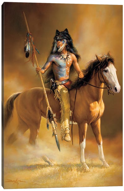 Call Of The Wolf-Native American And Horse Canvas Art Print - Russ Docken