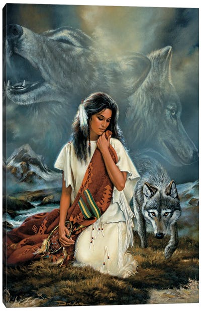 Companionship-Native American And Wolves Canvas Art Print - Russ Docken