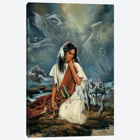 Companionship-Native American And Wolves Canvas Print #RDC6} by Russ Docken Art Print