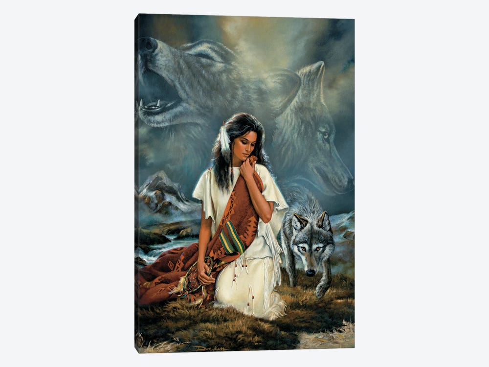 Companionship-Native American And Wolves by Russ Docken 1-piece Canvas Art Print
