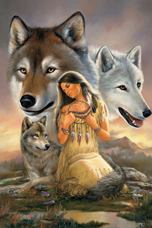 Distant Voices-Native American And Wolves by Russ Docken wall art