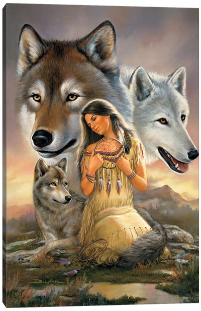 Distant Voices-Native American And Wolves Canvas Art Print - Indigenous & Native American Culture