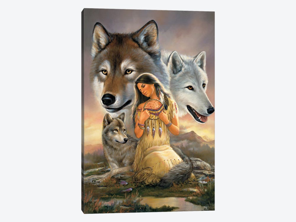 Distant Voices-Native American And Wolves by Russ Docken 1-piece Canvas Artwork