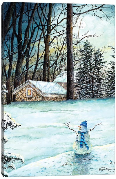 Snowman in Moonlight Canvas Art Print - Rustic Winter