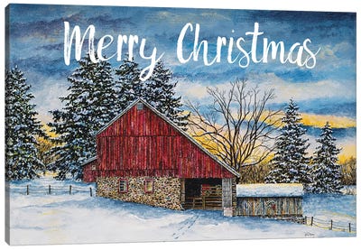 Merry Christmas Barn Canvas Art Print - Christmas Trees & Wreath Art