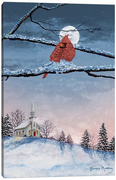 Winter Church Nights Canvas Art Print - Cardinal Art