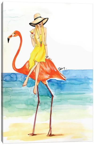 Flamingo Ride Canvas Art Print - Kids Bathroom Art
