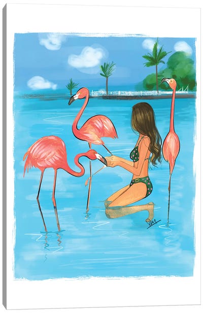 Feeding Flamingos Canvas Art Print - Pantone Living Coral 2019