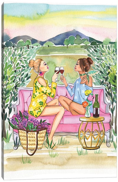 Two Girls Drink Wine Canvas Art Print - Friendship Art