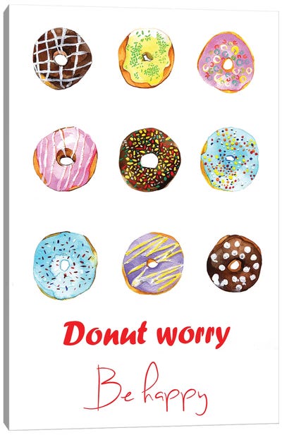 Donut Worry Be Happy Canvas Art Print - Food & Drink Typography