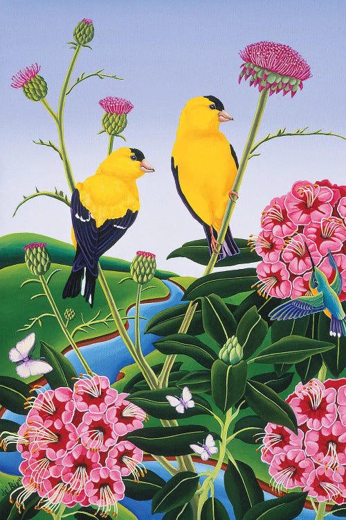 Goldfinch & Rhododendrons by Raul Del Rio wall art