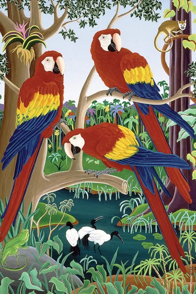 On Island Time: Three Red Macaws by Raul Del Rio