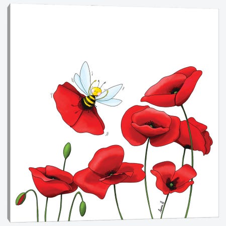Poppies And Bee Canvas Print #REH32} by LaureH Canvas Wall Art