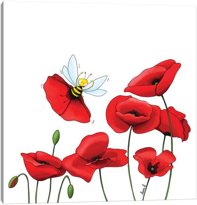 Poppies And Bee Canvas Art Print - LaureH