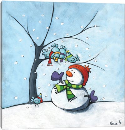 Snowman And Birds Canvas Art Print - Christmas Animal Art