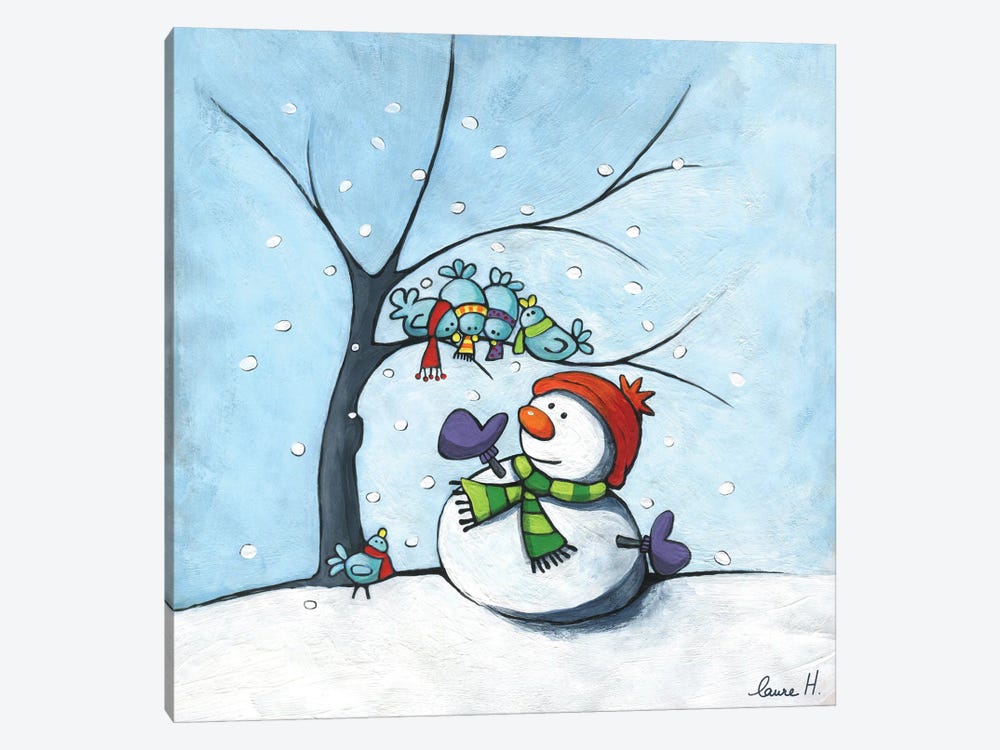 Snowman And Birds by LaureH 1-piece Art Print