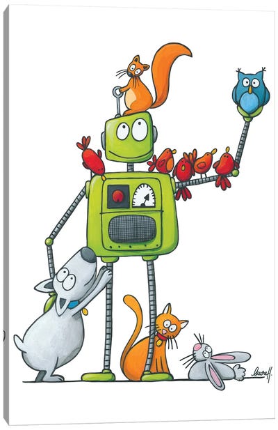 Robot And Pets Canvas Art Print - Unlikely Friends