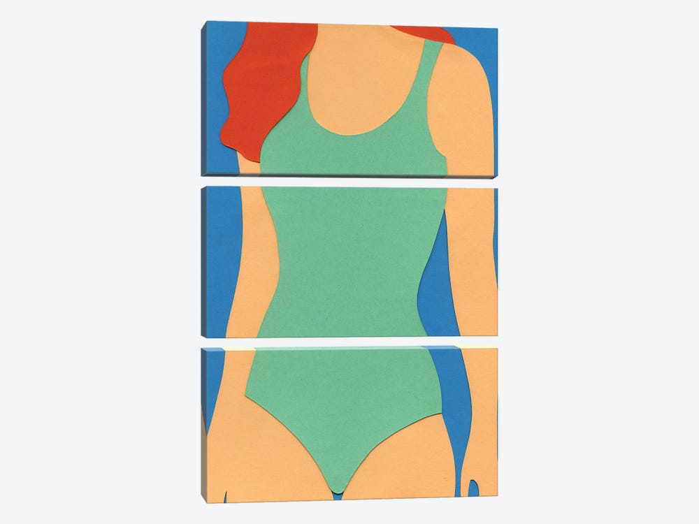 Turqouise Swimsuit Red Hair by Rosi Feist 3-piece Canvas Art Print
