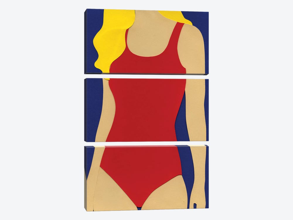 Red Swimsuit Blond Hair by Rosi Feist 3-piece Canvas Art Print