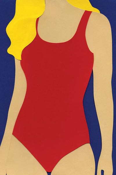 Women's Swimsuits: Red Swimsuit Blond Hair by Rosi Feist