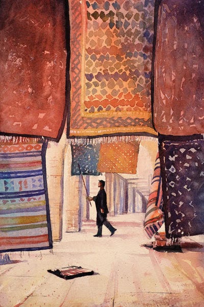 Intricate Watercolors: Tunisian Rug Vendor by Ryan Fox