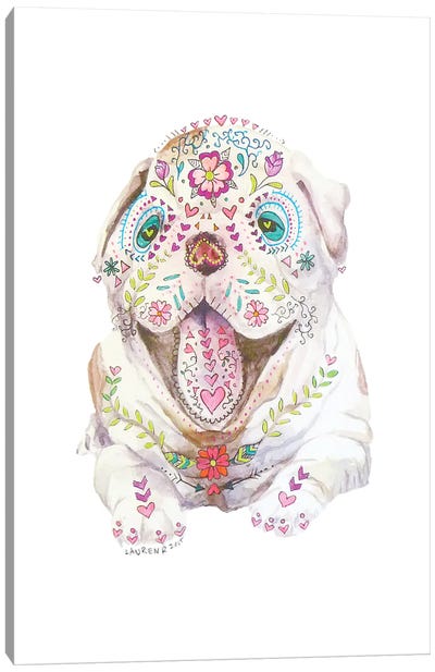 Sugar Skull Calavera Bulldog Puppy Watercolor Canvas Art Print - Bulldog Art