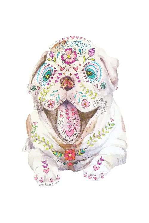 Sugar Skull Calavera Bulldog Puppy Watercolor by Wandering Laur wall art