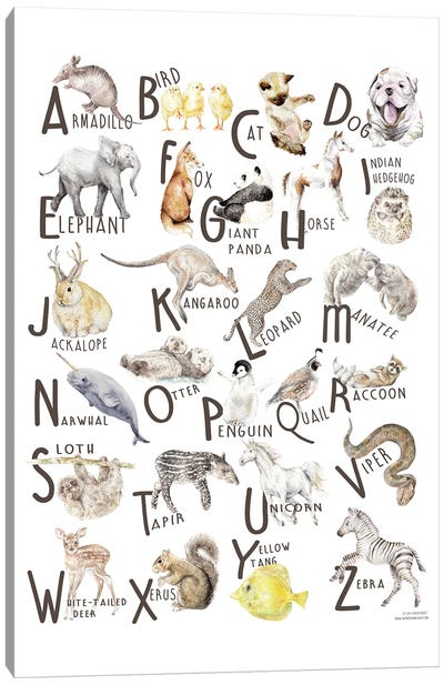 Watercolor Animals A To Z Canvas Art Print - Wandering Laur