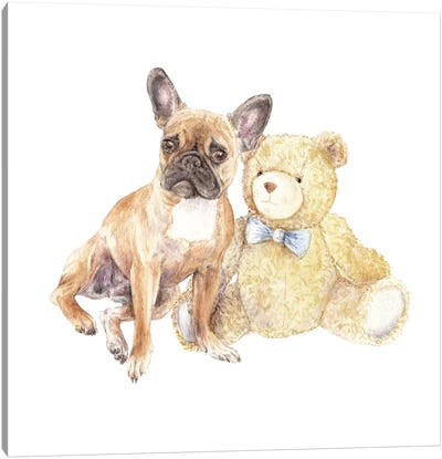 Frenchie And Teddy Bear Canvas Art Print - Puppy Art