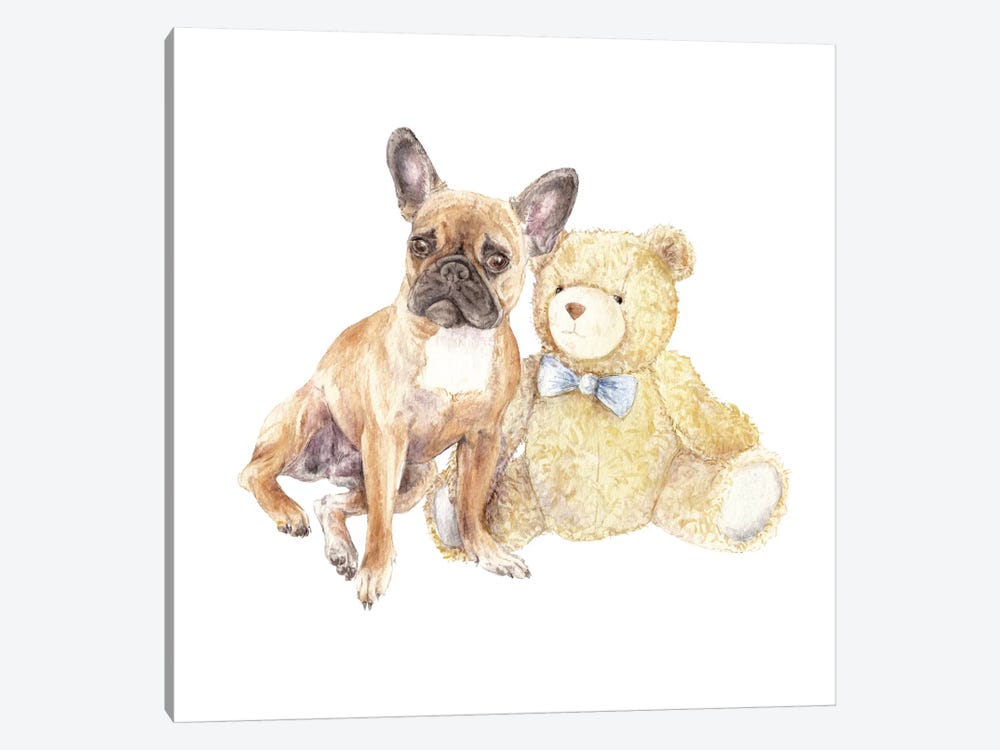 Frenchie And Teddy Bear by Wandering Laur 1-piece Canvas Print