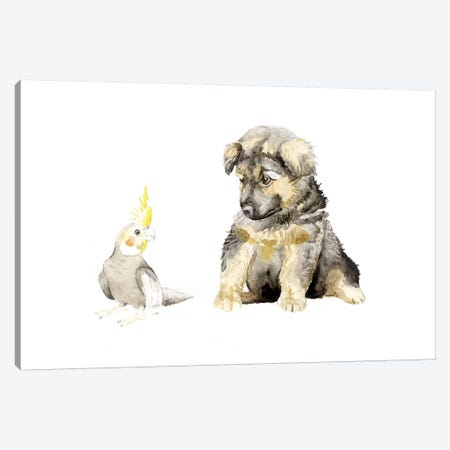 German Shepherd Puppy And Cockatiel Canvas Print #RGF36} by Wandering Laur Canvas Art