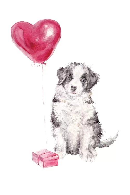 Happy Dog With Gift And Balloon