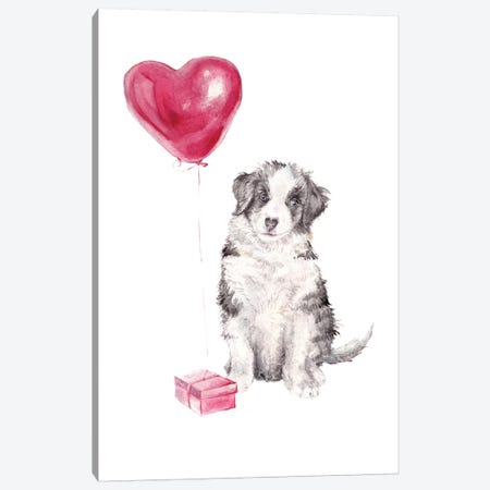 Happy Dog With Gift And Balloon Canvas Print #RGF40} by Wandering Laur Canvas Wall Art
