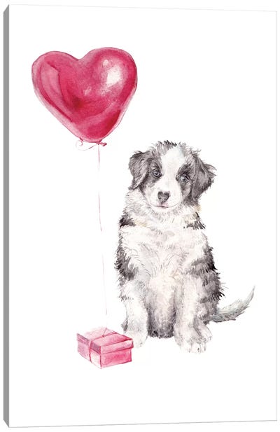 Happy Dog With Gift And Balloon Canvas Art Print - AWWW!