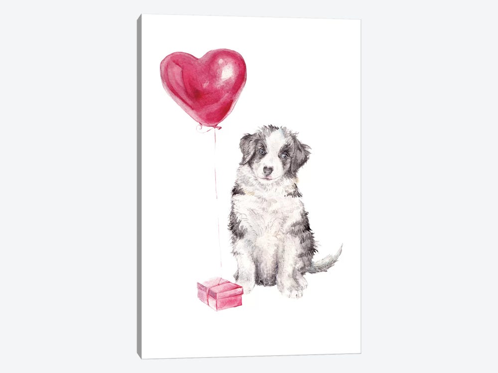 Happy Dog With Gift And Balloon by Wandering Laur 1-piece Canvas Art Print