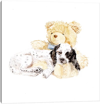 Sleepy Puppy And Teddy Bear Canvas Art Print - Puppy Art