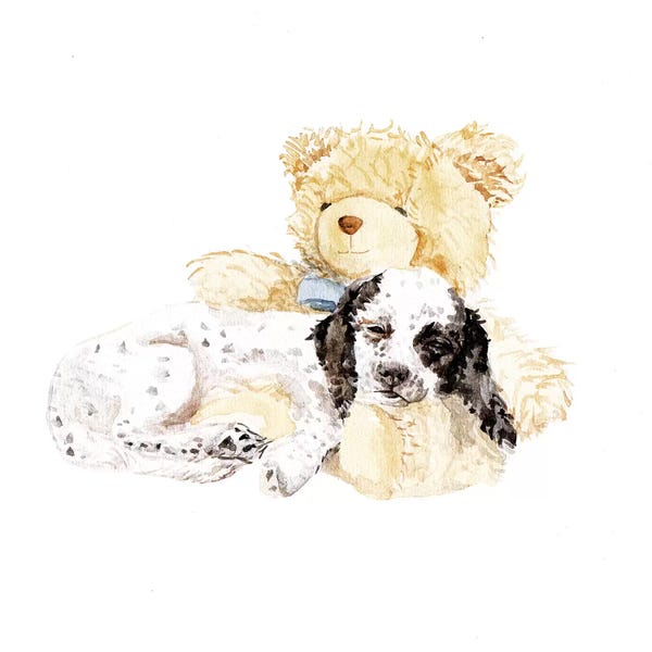 Puppies: Sleepy Puppy And Teddy Bear by Wandering Laur