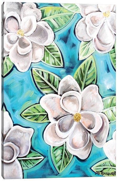 Magnolias On Blue Canvas Art Print - Magnolia Art