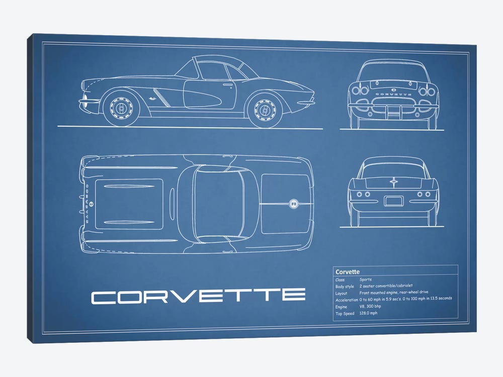 Chevrolet Corvette C1 Body Type (Blue) by Mark Rogan 1-piece Canvas Art Print