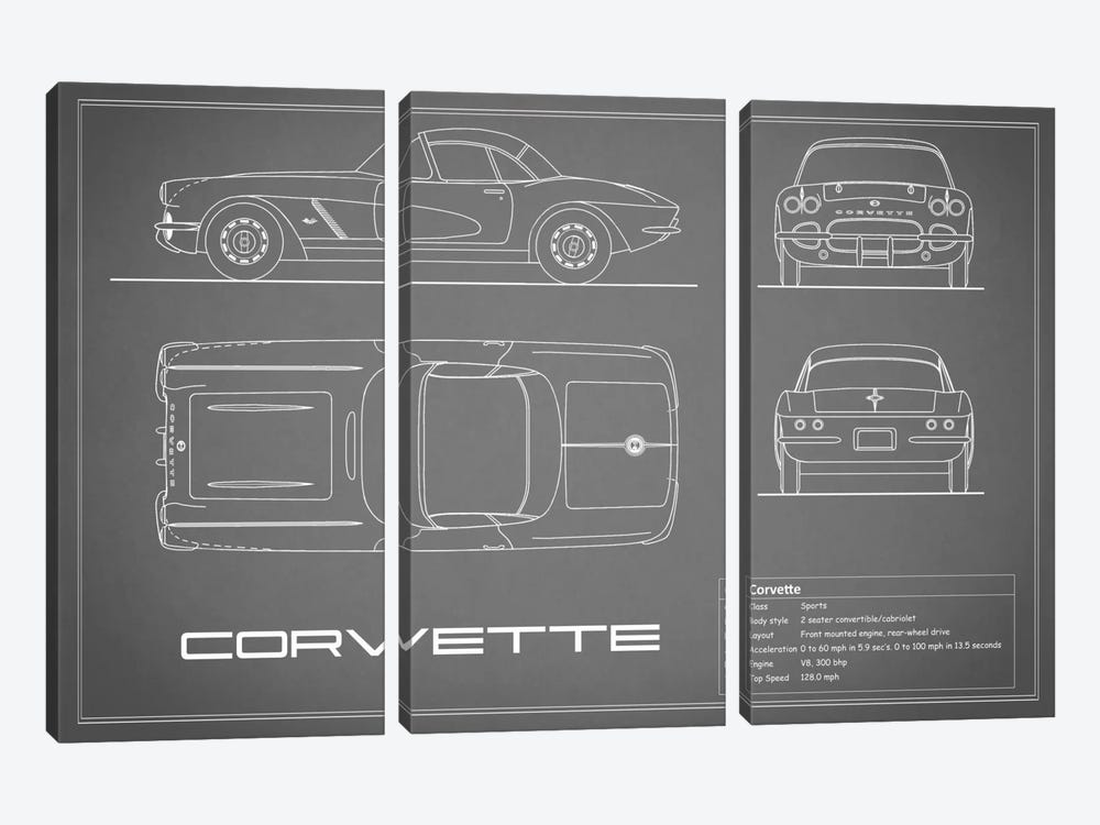 Chevrolet Corvette C1 Body Type (Grey) by Mark Rogan 3-piece Canvas Wall Art