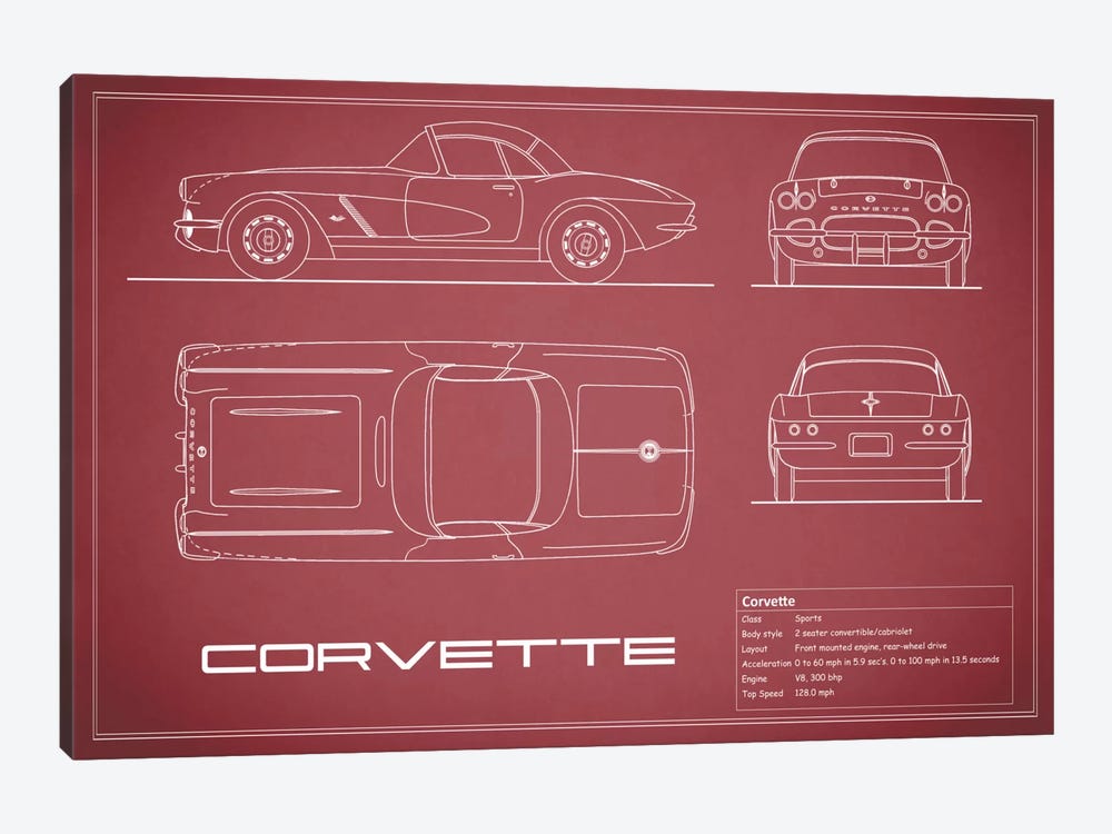 Chevrolet Corvette C1 Body Type (Maroon) by Mark Rogan 1-piece Canvas Art Print